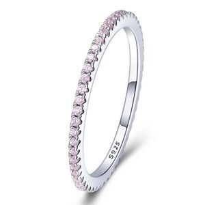 Platinum Plated 925 Sterling Silver Pink Wedding Band Ring